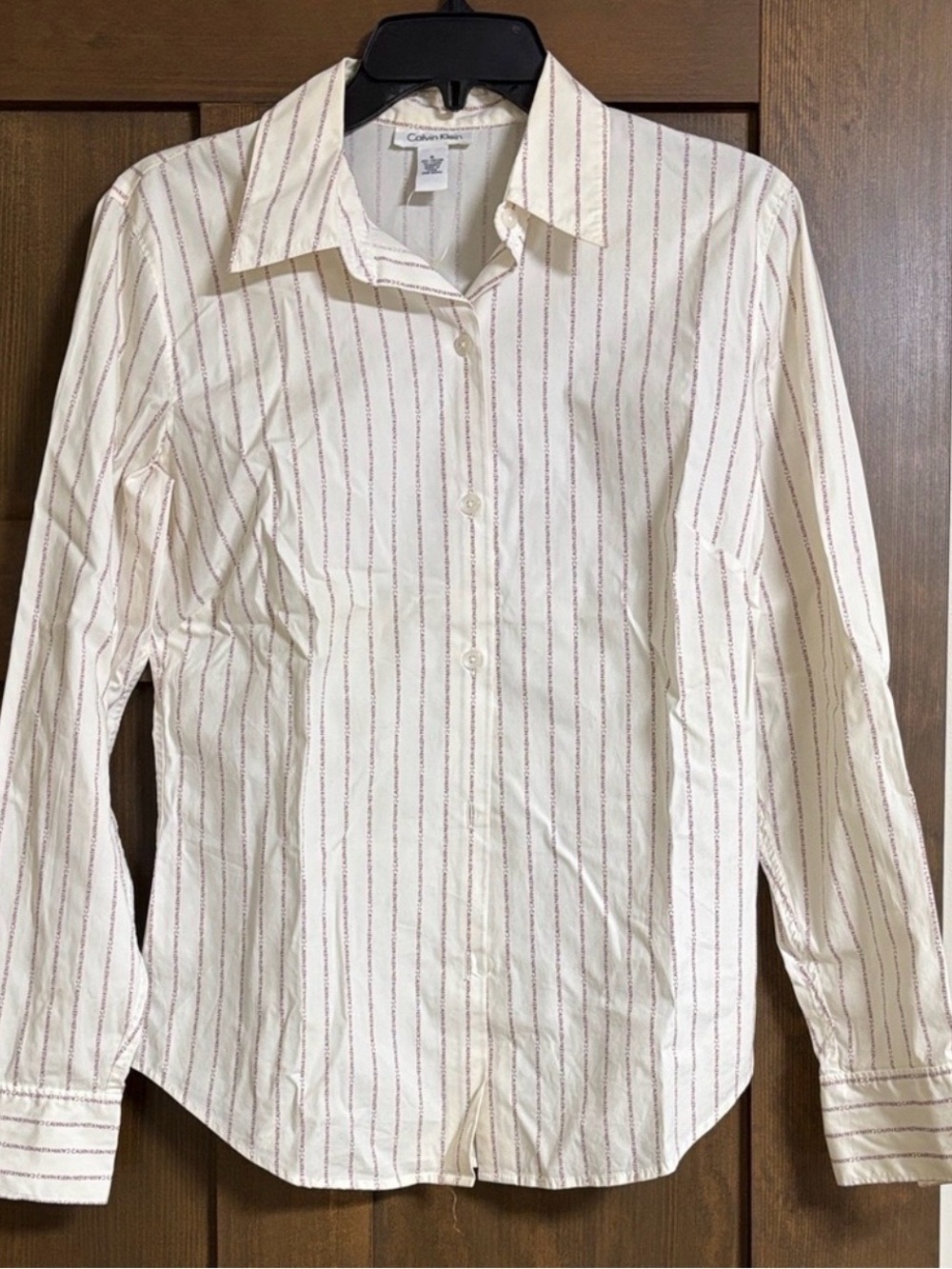 Calvin Klein Vintage Cream Red Logo Striped Button Down Shirt Size 6 - Picture 2 of 5